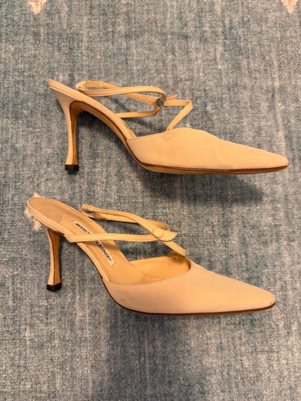 Manolo Blahnik Nude Pointed-Toe Strappy Slingback Heels